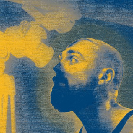 Stylized image of Indiana Pacers center Jay Huff looking into a camera at Pacers Media Day.