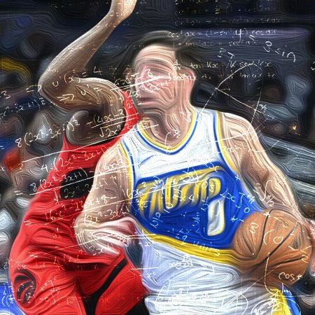 Stylized photo in oil paint style of TJ McConnel of the Indiana Pacers playing against the Toronto Raptors.